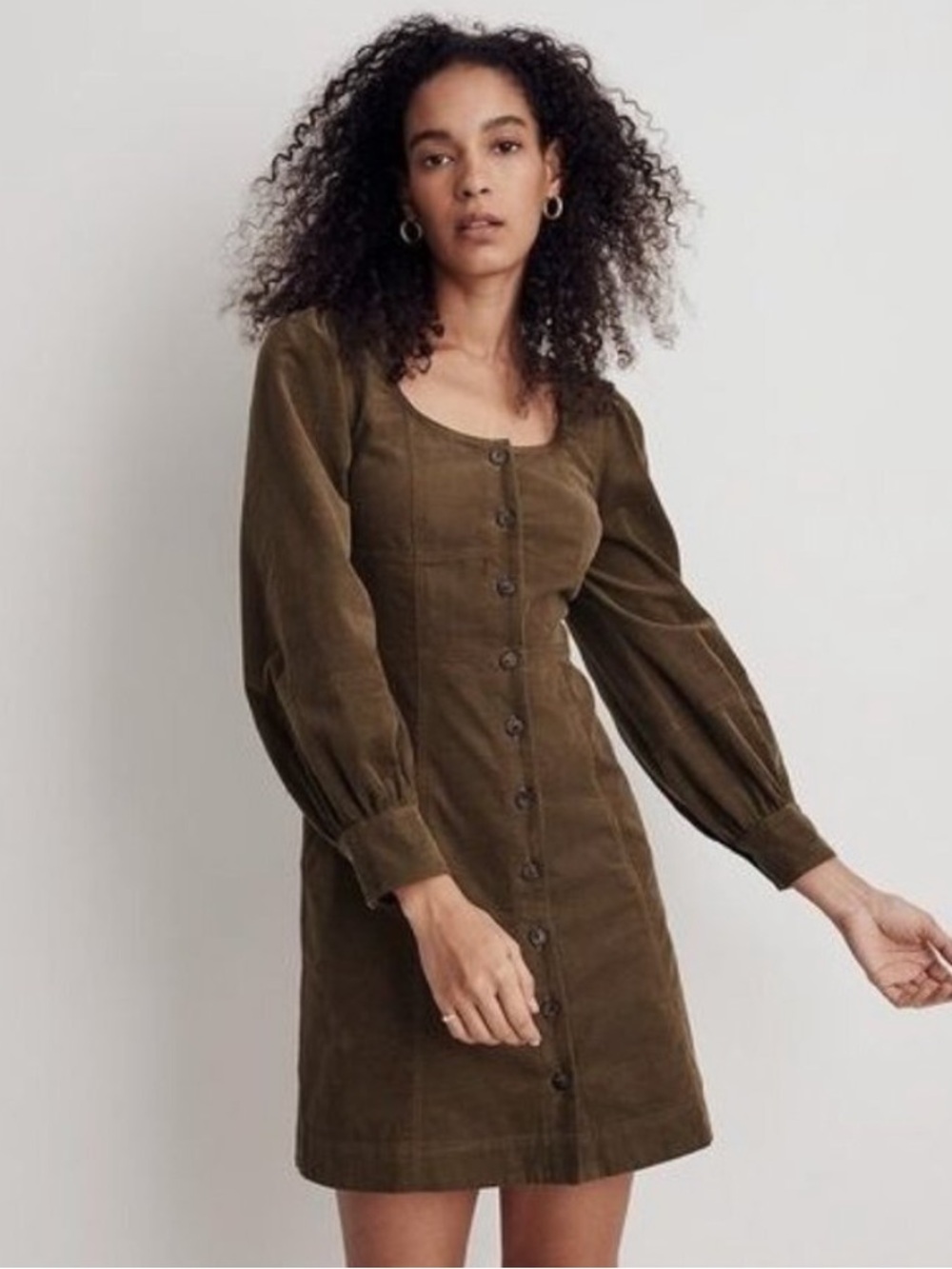 NWT Madewell Corduroy Seamed Long-Sleeve Mini Dress Kale Green Size 14